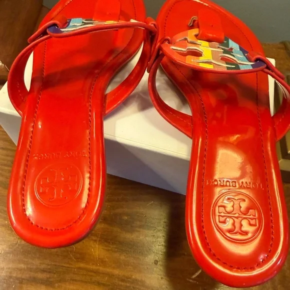 Tory Burch Red Patent Leather Miller Sandals with Colorful Logo Size 7 - Picture 8 of 9